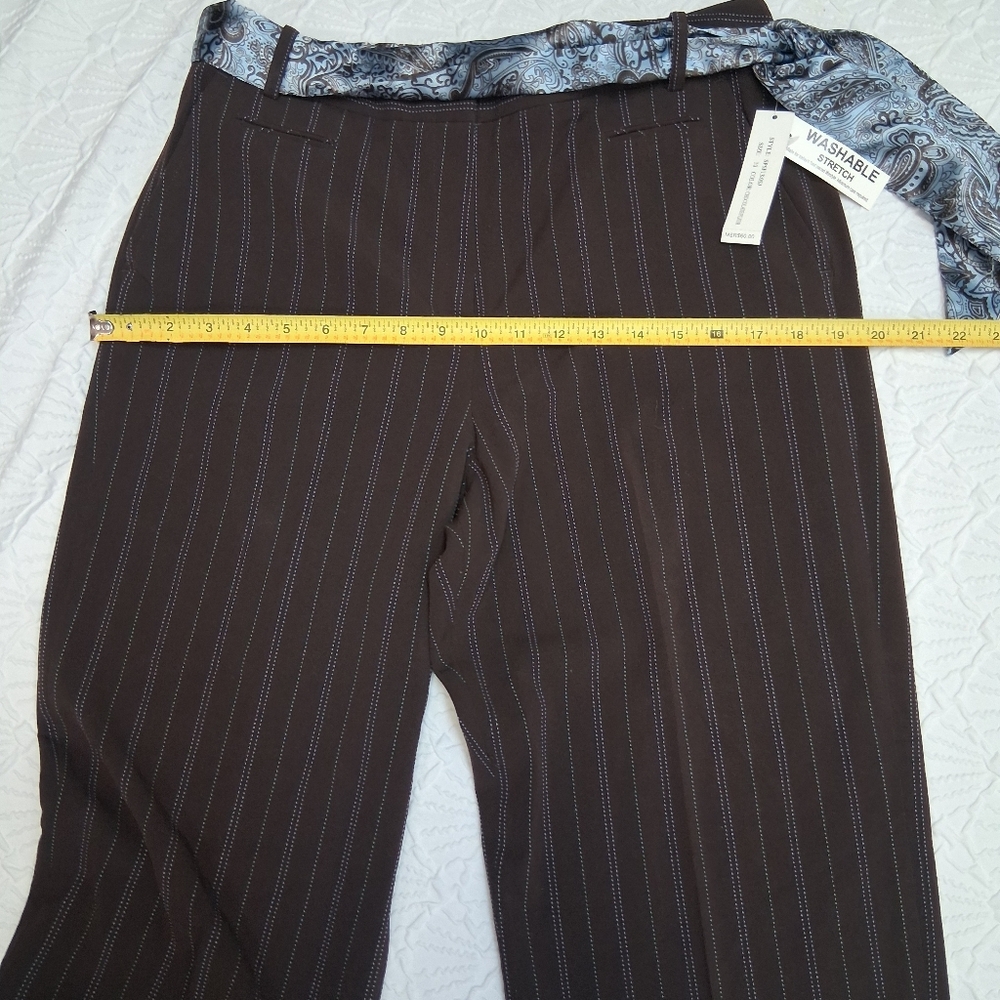 Larry Levine Brown Pinstripe Wide-Leg Pants with Blue Stitching Size 10 - Picture 13 of 16
